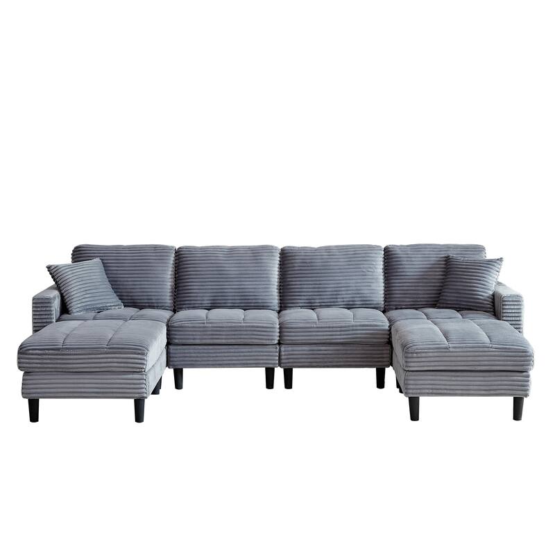 122.5" Corduroy U-Shaped Sectional Sofa with Ottomans & Pillows
