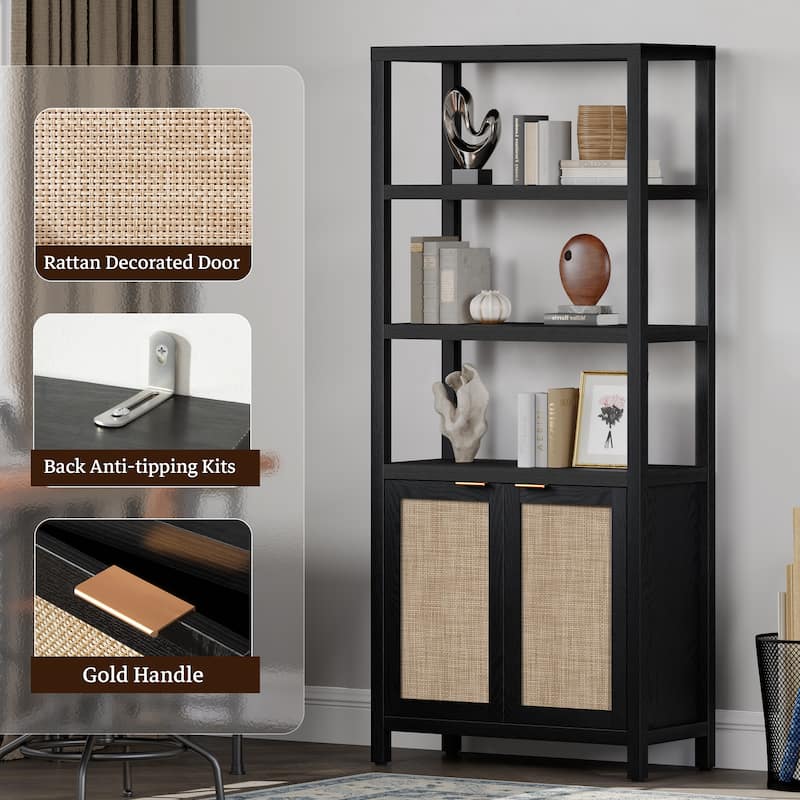 SICOTAS 5 Tier Adjustable Bookshelf with Rattan Storage Cabinet