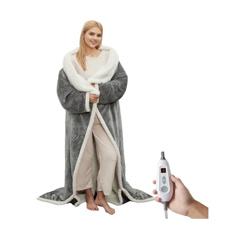 Unisex Wearable Heated Blanket With Foot Covers And Sleeves Khaki - Grey