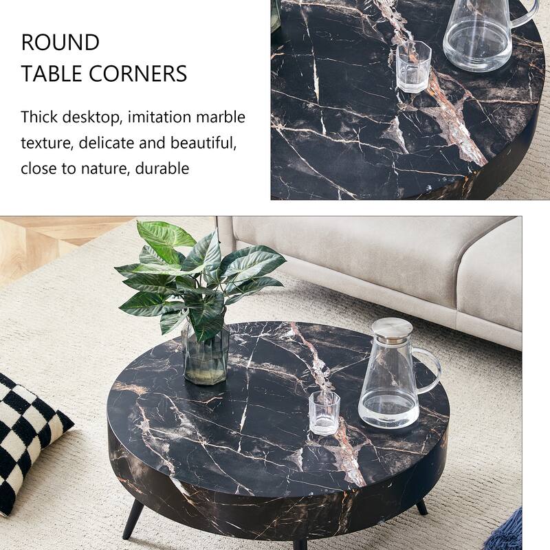 31.5 Inch Round Coffee Table with Adjustable Legs Small End Table with Marble Sticker Top Home Center Table