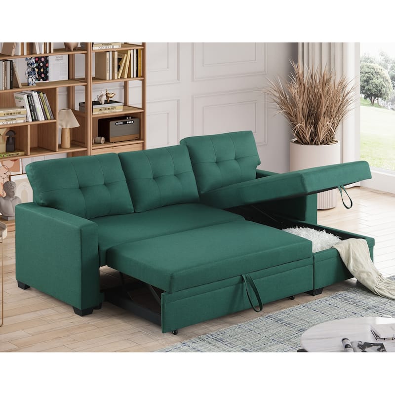 Pull-out Upholstered Sectional Sofa with Storage Chaise & Removable Cushions
