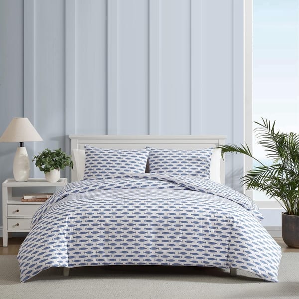 slide 2 of 6, Nautica Woodblock Fish Cotton Reversible Blue Duvet Cover Set