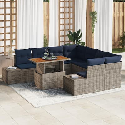 vidaXL 9 Garden Sofa Set with Cushions Black/Grey Poly Rattan - 103.9 x 92.1 x 27.2