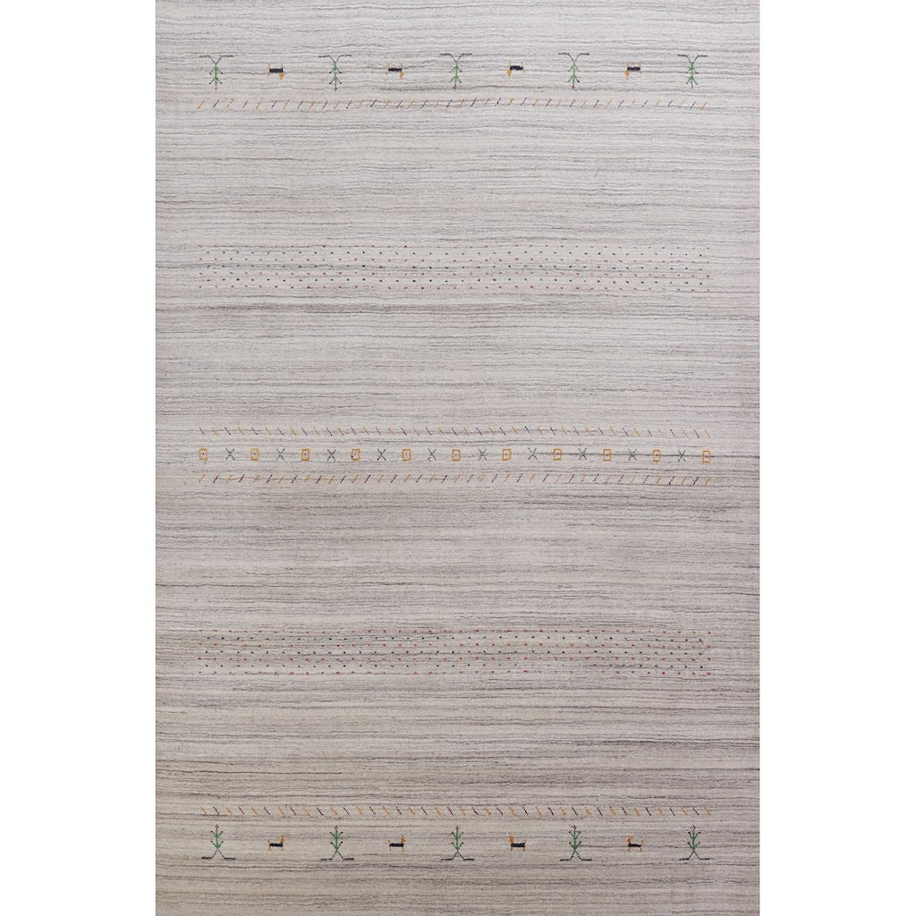 Hand Knotted Oriental 100% Wool Carpet Tribal Stripe Beige & Ivories Gabbeh Area Rug - 8' 10'' X 6' 1''