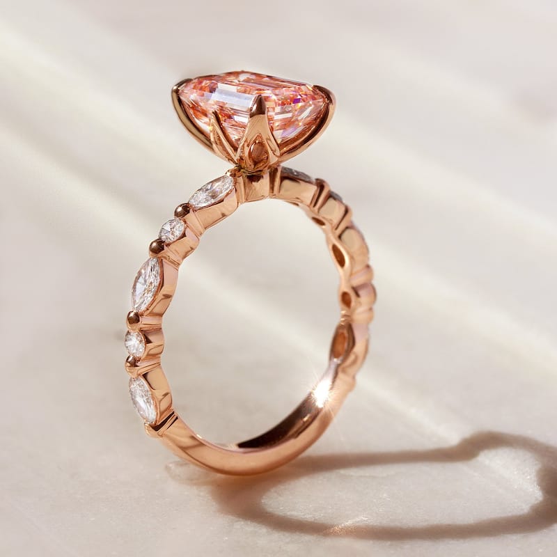 Kobelli 3.64 Carat Lab Fancy Intense Pink Diamond IGI Certified 18k Solid Rose Gold Emerald-cut Bubble Band Scalloped Ring