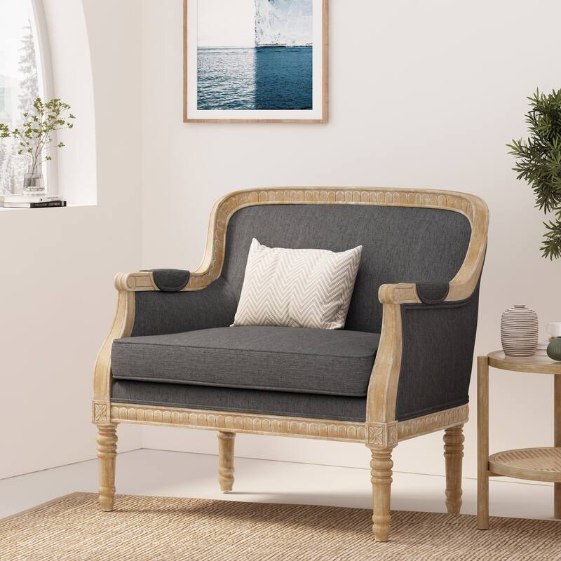 Roomfitters Upholstered Club Chair, Carved Wood Frame with Cushioned Seat, Classic Accent Armchair in Linen