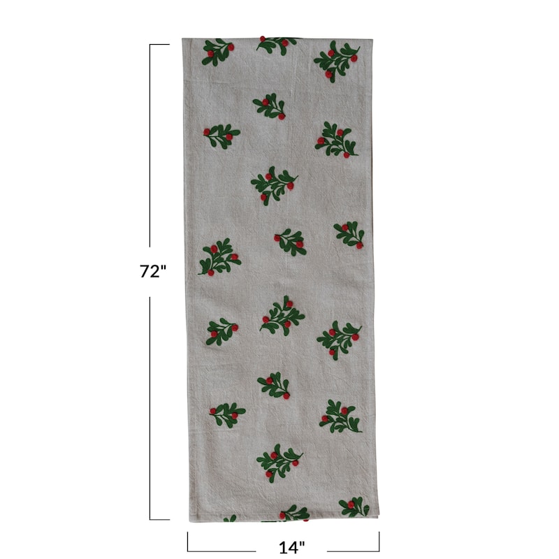 Cotton and Linen Table Runner with Embroidered Mistletoe and Pom Poms