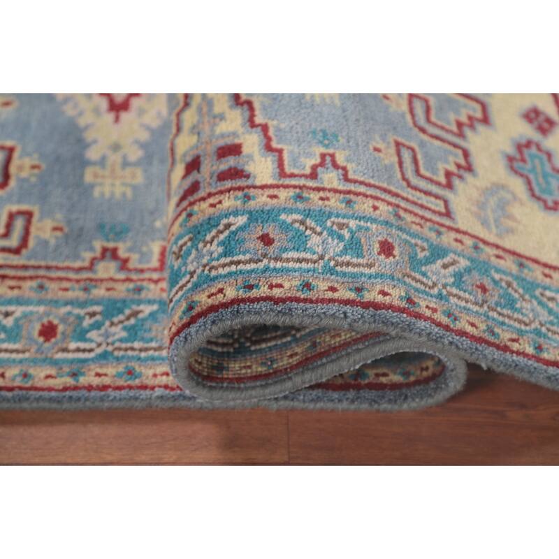Geometric Kazak Accent Rug Handmade Blue Wool Carpet - 3'0"x 4'11"