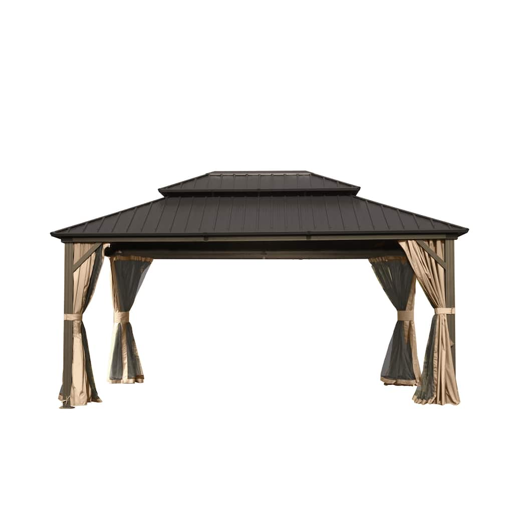 10' X 14' Aluminum Hardtop Gazebo with Double Roof, Curtain, and Netting for Outdoor Use