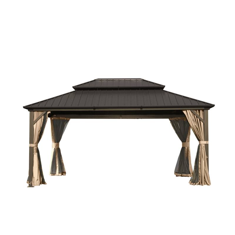 12' X 14' Hardtop Aluminum Gazebo with Double Roof, Curtains, and Netting for Outdoor Events - Brown