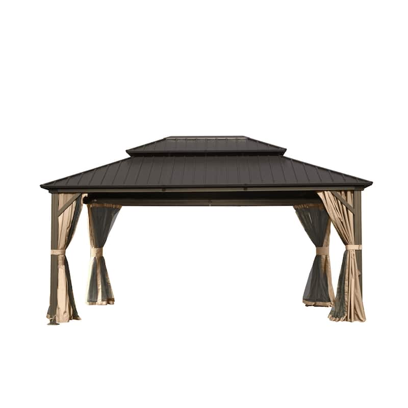 12' X 16' Hardtop Gazebo, , Curtain and Netting, Permanent Gazebo Pavilion for Party, Wedding, Outdoor Dining, Brown