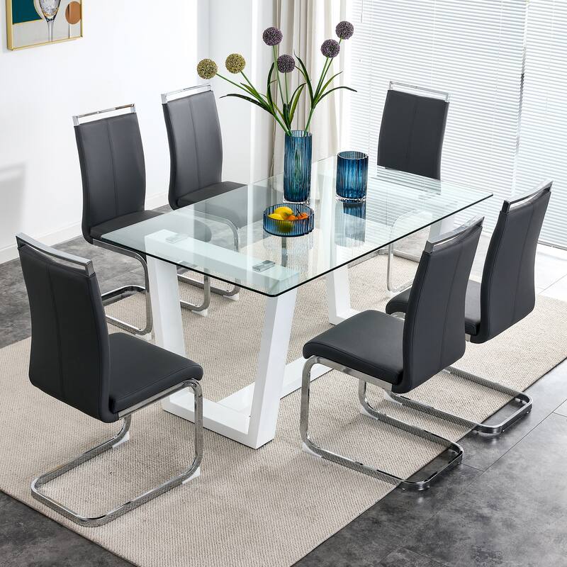 Glass Dining Table Large Modern Minimalist Rectangular for 6-8 with 0.4" Tempered Glass Tabletop - N/A