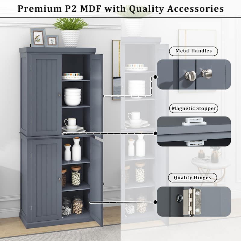 Freestanding Tall Kitchen Pantry,Storage Cabinet Organizer with 4 Doors and Adjustable Shelves