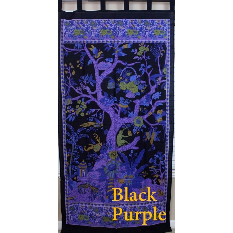 Handmade Tree of Life Tab Top Cotton Curtain Drape Door Panel 44"x 88" Purple 