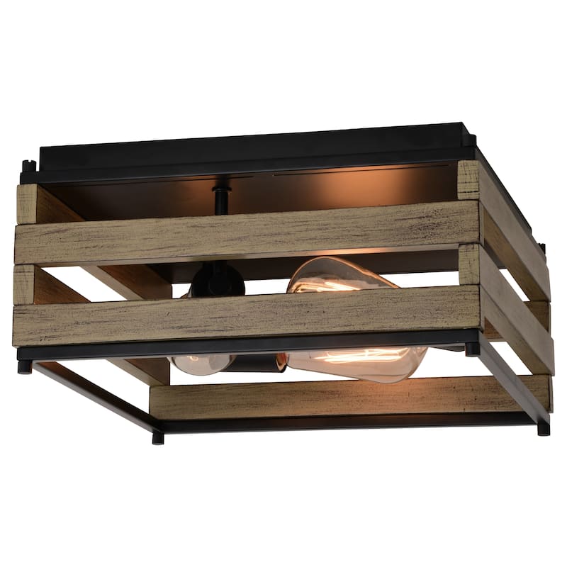 Ravenswood 13-in W Black and Wood Slat Square Farmhouse Flush Mount Ceiling Light Fixture - 13-in W x 6.75-in H x 13-in D