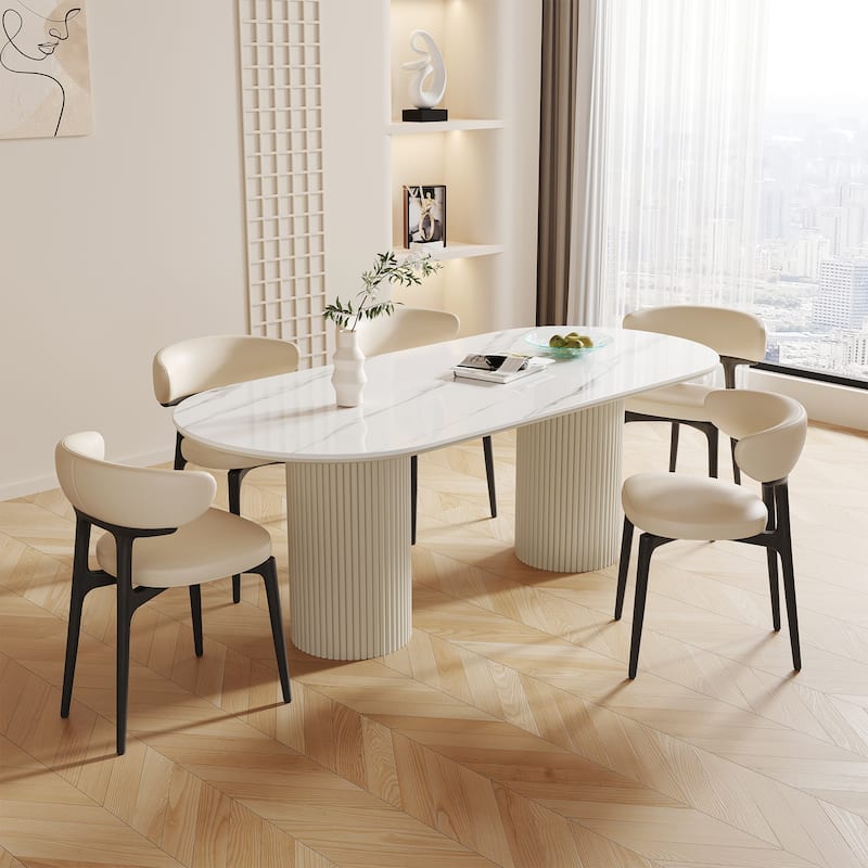71" Modern Rectangular Dining Table with Stone Table-top, Wood Legs - Off White