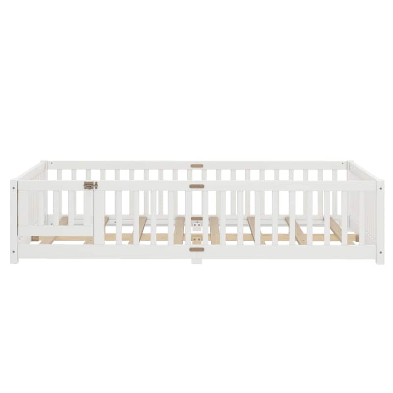 Montessori Toddler Floor Bed with Fence and Switchable Door, Low Profile Bed Frame with Removable Slats, Safe Transition Bed