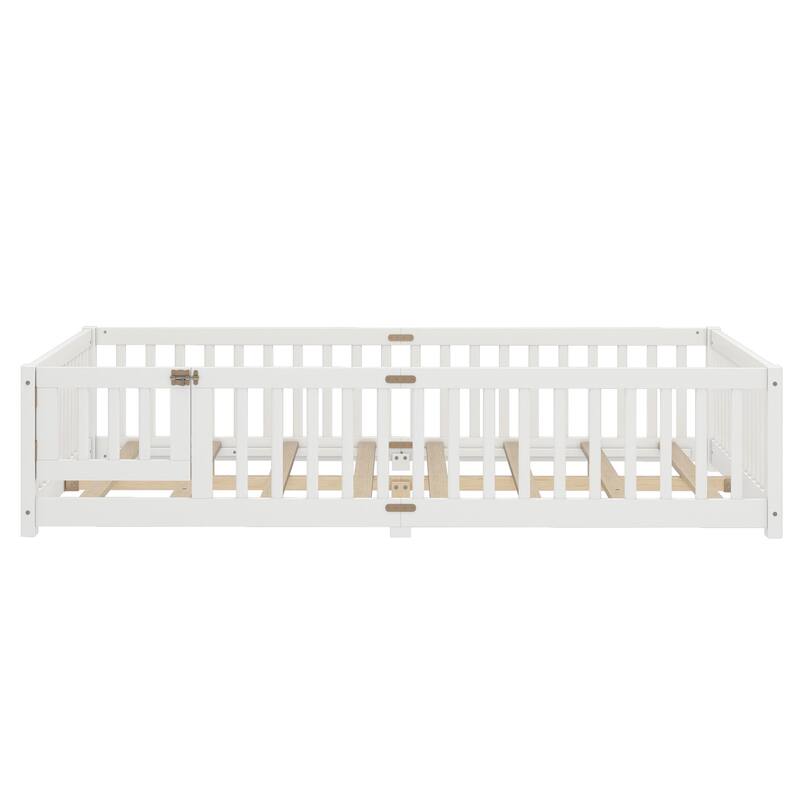 Queen Size Bed Floor Bed with Safety Guardrails and Door for Kids
