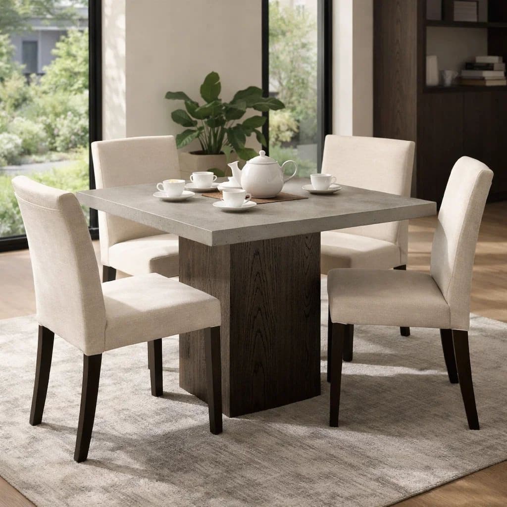 Mod 40 Inch Square Table, Concrete Top, Rubberwood, Pedestal Base, Ash Gray