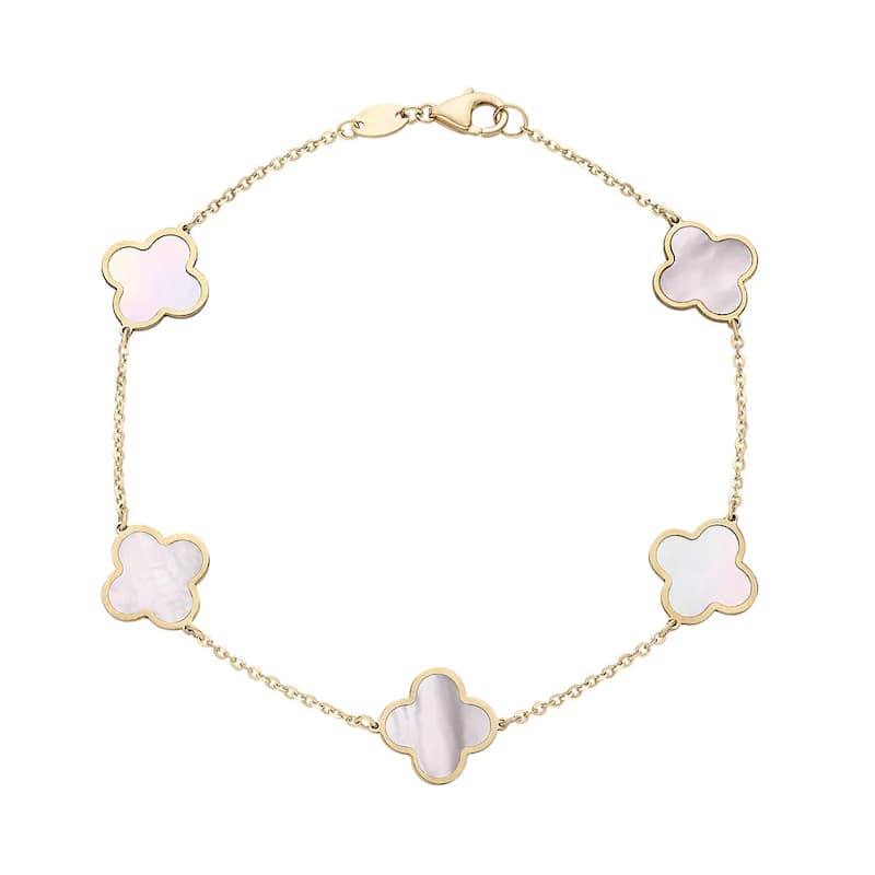 Curata 14k Yellow Gold Italian 7" Inlaid Genuine Gemstone 10mm Medium Clover Bracelet - White MOP