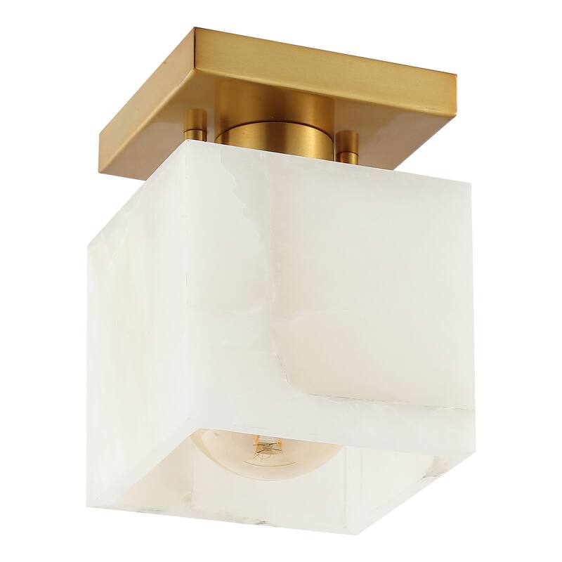 Chiara 5" 1-Light Modern Contemporary Alabaster/Iron Cube LED Semi Flush Mount, White Marbling/Brass Gold by JONATHAN Y
