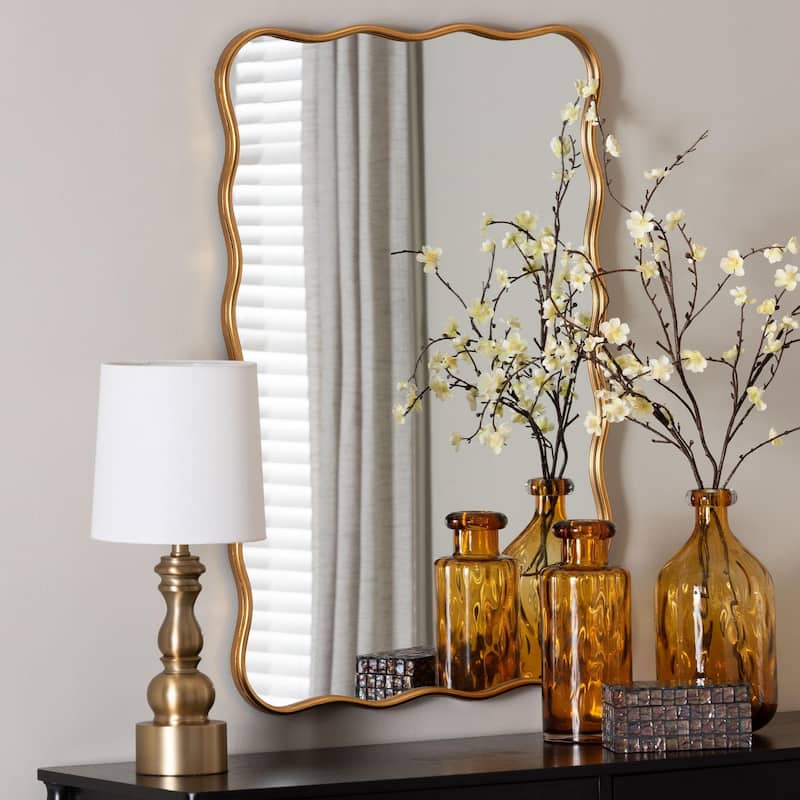 Cassara Gold Scalloped Rectangular Wall Mirror - Stylish Curved Edge Decorative Accent for Living Room, Bedroom, or Entryway