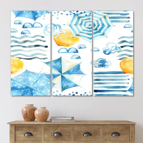 Designart 'Vacation Sun With Water Waves Sun And Umbrella II' Patterned Canvas Wall Art Print