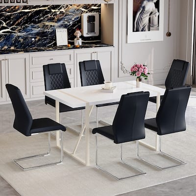 Table and chair set, Cream-Style MDF Dining Table Set with 6 Chairs With Metal Legs,MDF Tabletop and metal frame legs