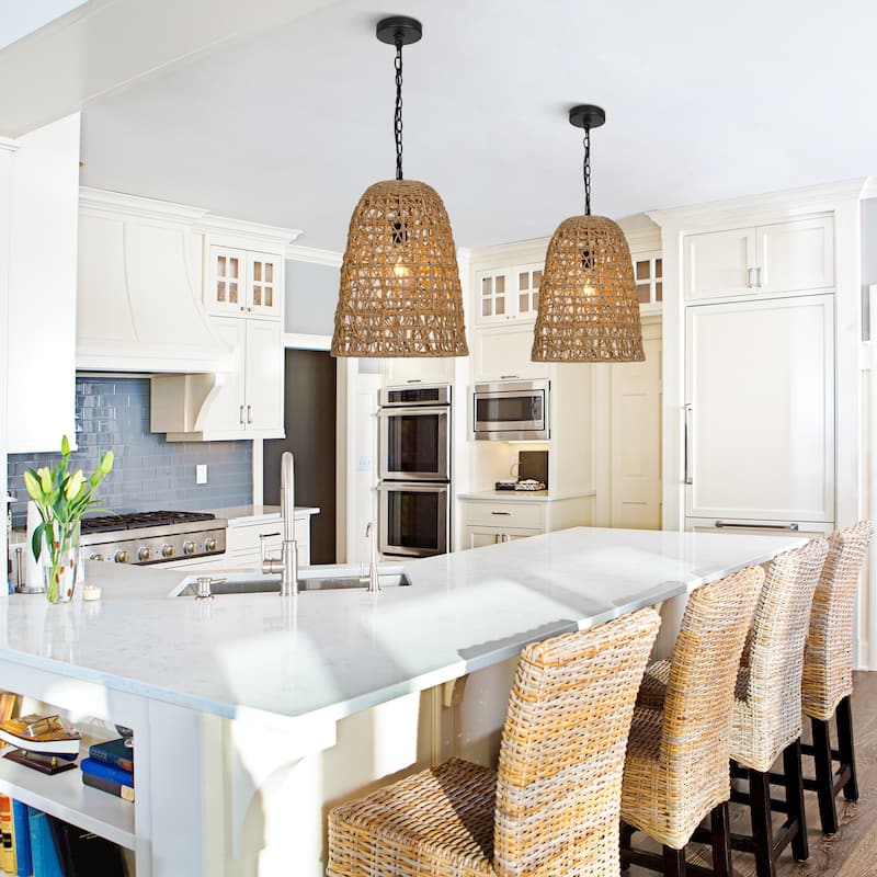 Ravy Modern Farmhouse 1-Light Large Rattan Pendant Handwoven Dome Kitchen Island Lights - D 13.8" x H 19.7"