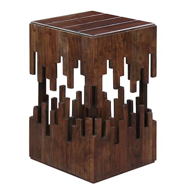 15 in. Brown Square Wood End Table with Slatted Design