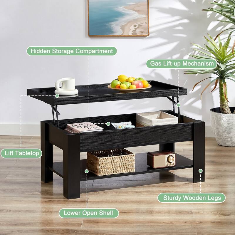 VECELO Lift Top Coffee Table with Hidden Storage and Open Shelves–Modern Center Table for Living Room and Small Spaces