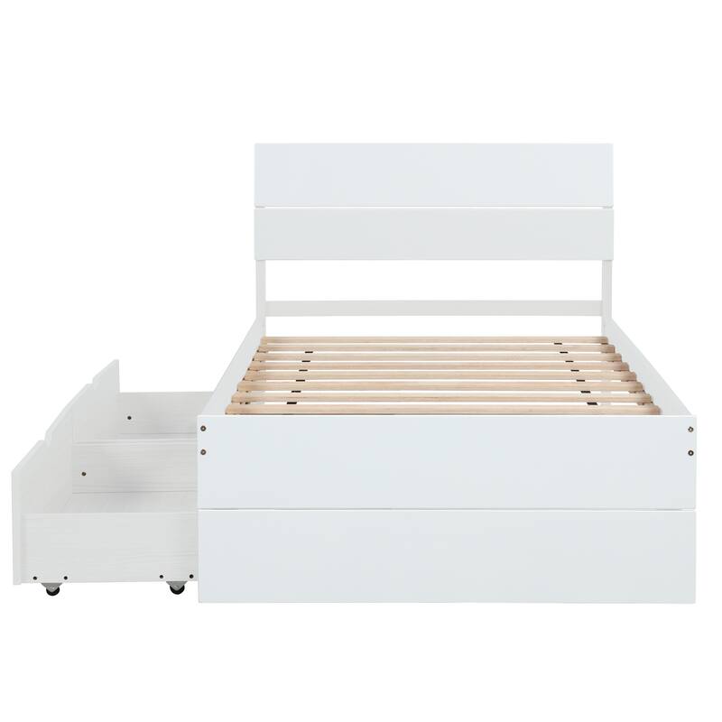 Modern Twin bed Frame With 2 Drawers For White High Gloss Headboard and Footboard With Creamy White Color