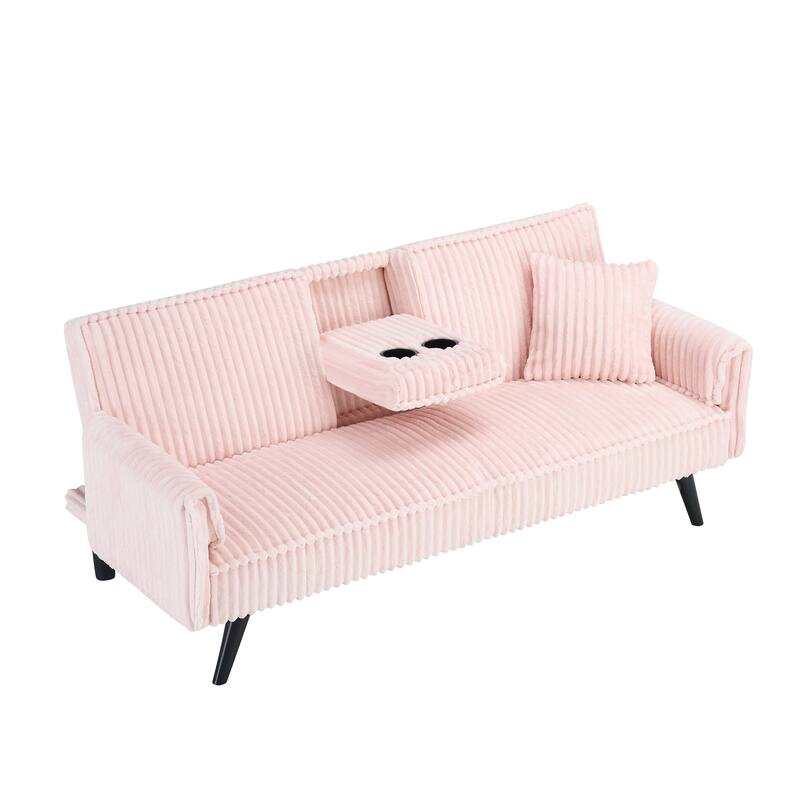 Corduroy Loveseat Sofa with Cup Holder and 1 Pillow, Sleeper Sofa Bed with Adjustable Backrest for Living Room
