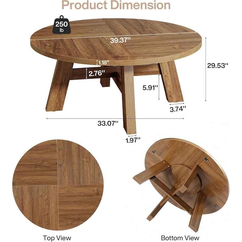 39" Round Coffee Table, Mid Century Modern Circle Center Tables for Living Room - 39.37" L × 39.37" W × 17.7" H