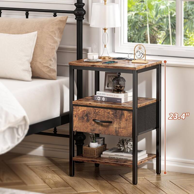 Nightstand Set of 2 Or 1 with Charging Station and USB Ports, Storage End Table with Fabric Drawer, Night Stand for Small Spaces