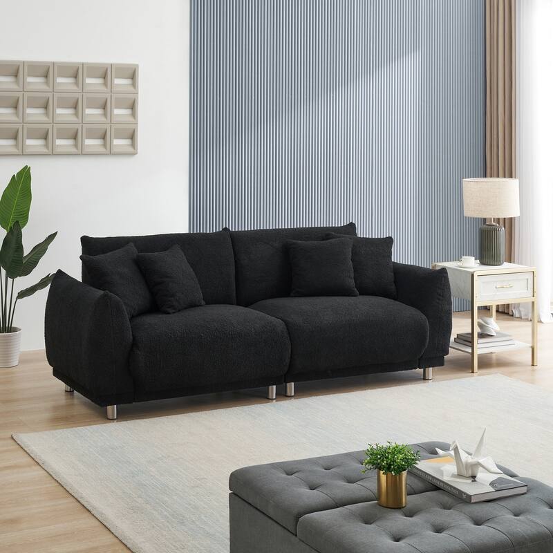86.6 Inch Black Teddy Sofa with Four Pillows for Comfortable Seating