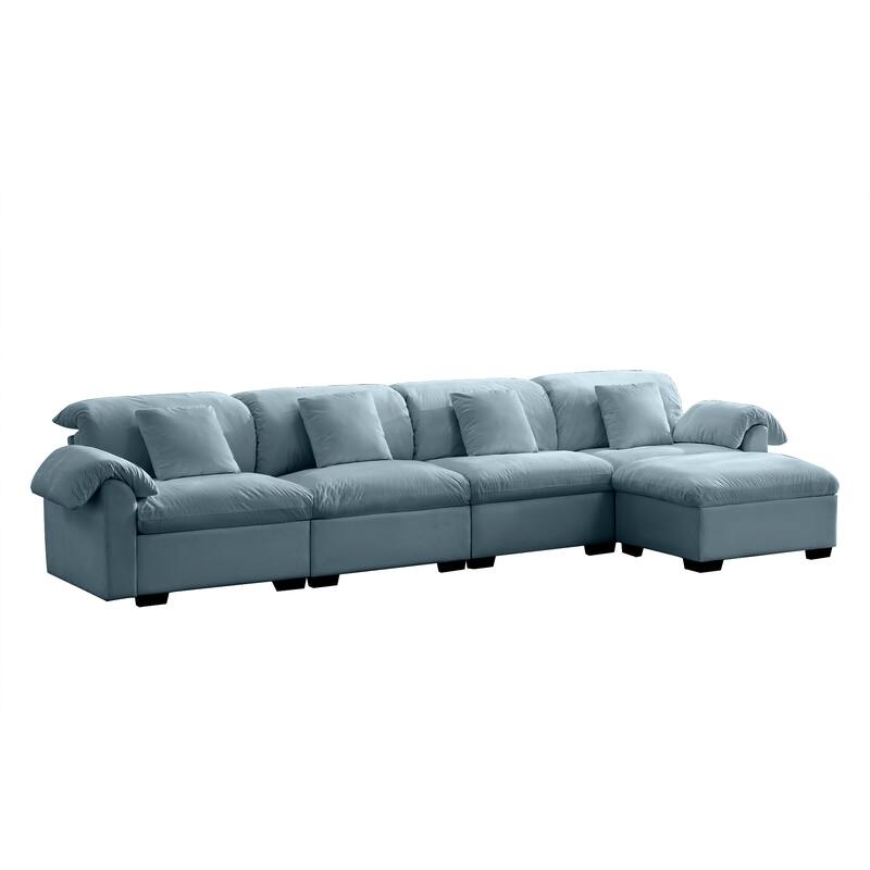 154.7" Velvet L-Shaped Sectional Sofa with Cloud Cushions & Ottoman