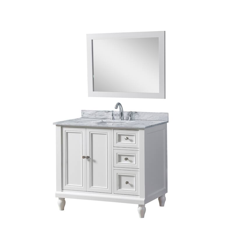 Classic 36 in. Vanity in White with White Carrara Marble Top and 1 large mirror
