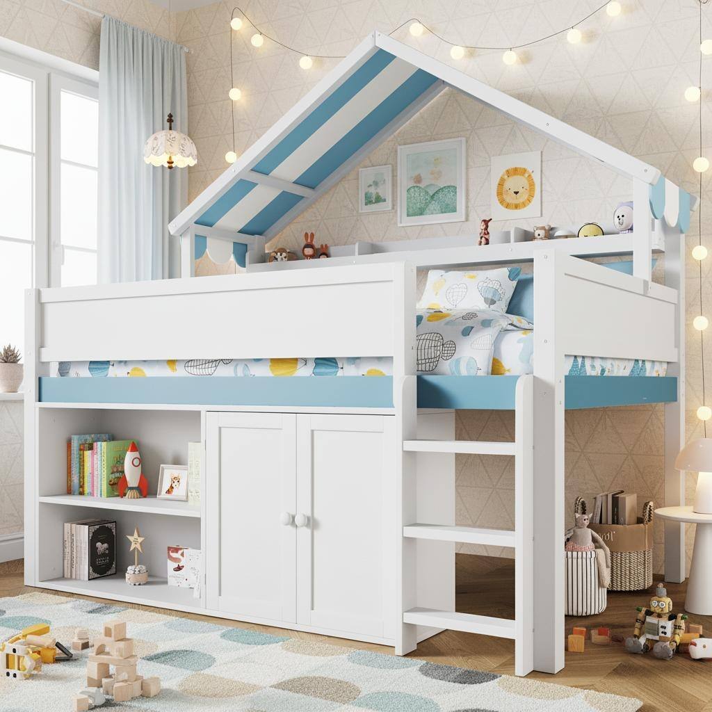Full Size Loft Bed with Canopy Roof, Storage Cabinets & Open Shelves by Harper&Bright Designs