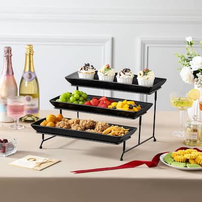 MALACASA PLAT 3-Tier 12" & 14" Porcelain Dessert Stand Black Iron Base