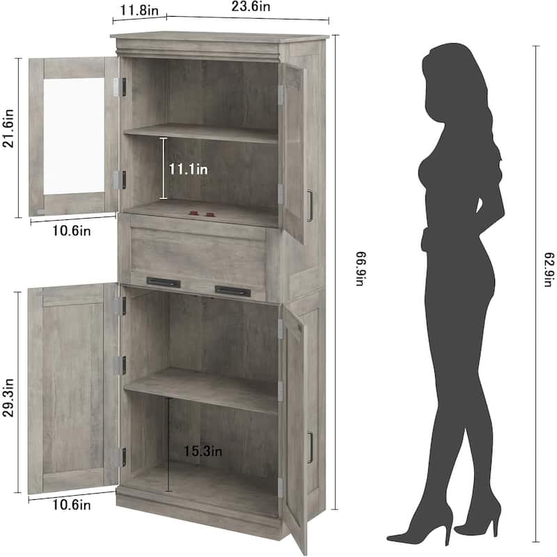 Tall Bathroom Cabinet, Freestanding Storage Cabinet with Glass Doors