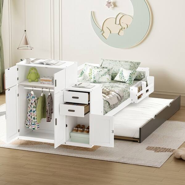 slide 2 of 45, Twin Wood Platform Bed with Trundle Bed, Bookshelf & Wardrobe Grey