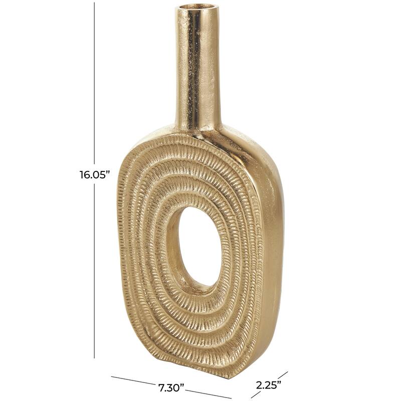 Aluminum Metal Geometric Circular Decorative Vase with Linear Etchings - Gold or Silver - Roche River Decor