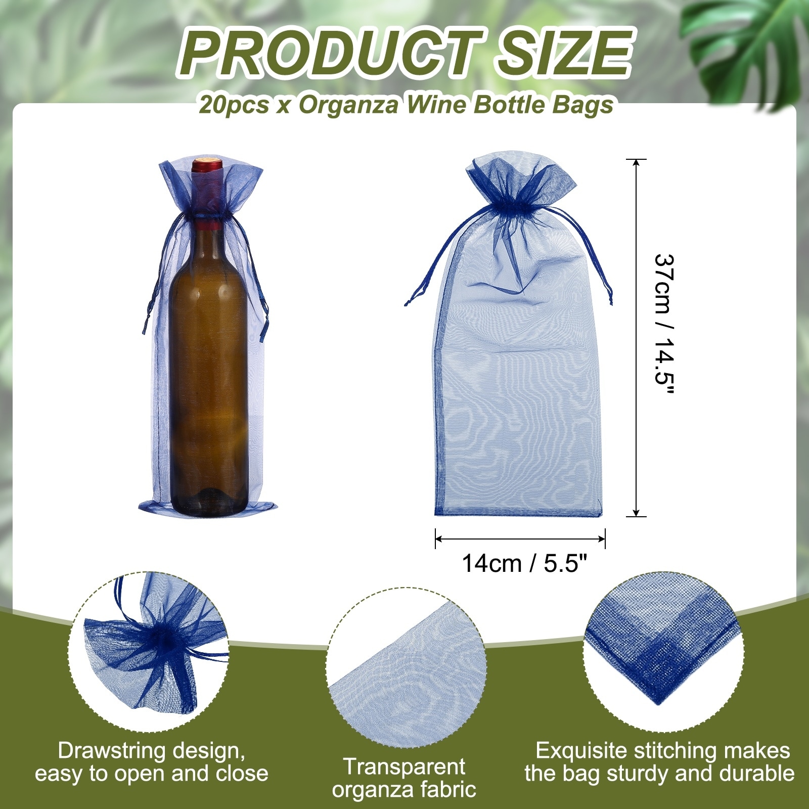 Organza Wine Bags, Drawstring Organza Bottle Gift Bags Sheer Wine Wrapping Bag for Bottle Wrap Birthday - 14.5 x 5.5