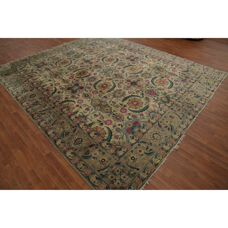 Hand Knotted Oriental 100% Wool Carpet Traditional All-Over Beige & Ivories Tabriz Area Rug - 12' 6'' X 10' 11''