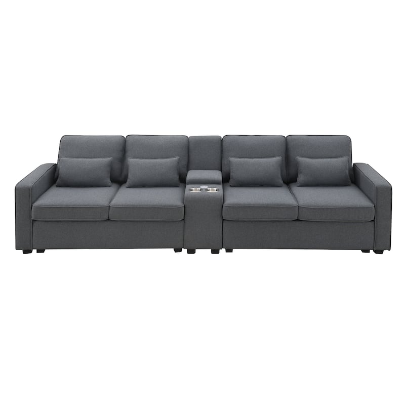 Modern 4-Seat Sofa with Console, Wireless Charging, 2 Cupholders, and 4 Pillows, Upholstered in Linen Fabric