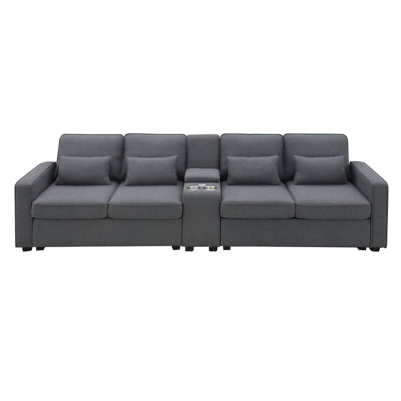 Multifunctional Sofa with 2 Cupholders and Console, 114.2" Linen Fabric Sofa with 4 Pillows and 2 USB Ports for Livingroom