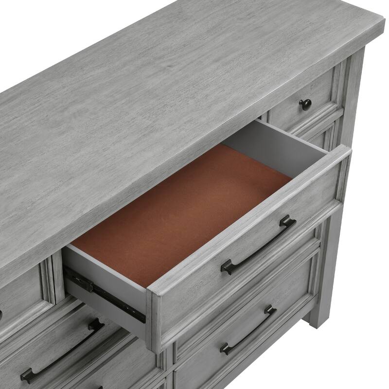 Daisy 62 Inch Dresser, Gray Mango Veneer, 9 Drawers, Bronze Metal