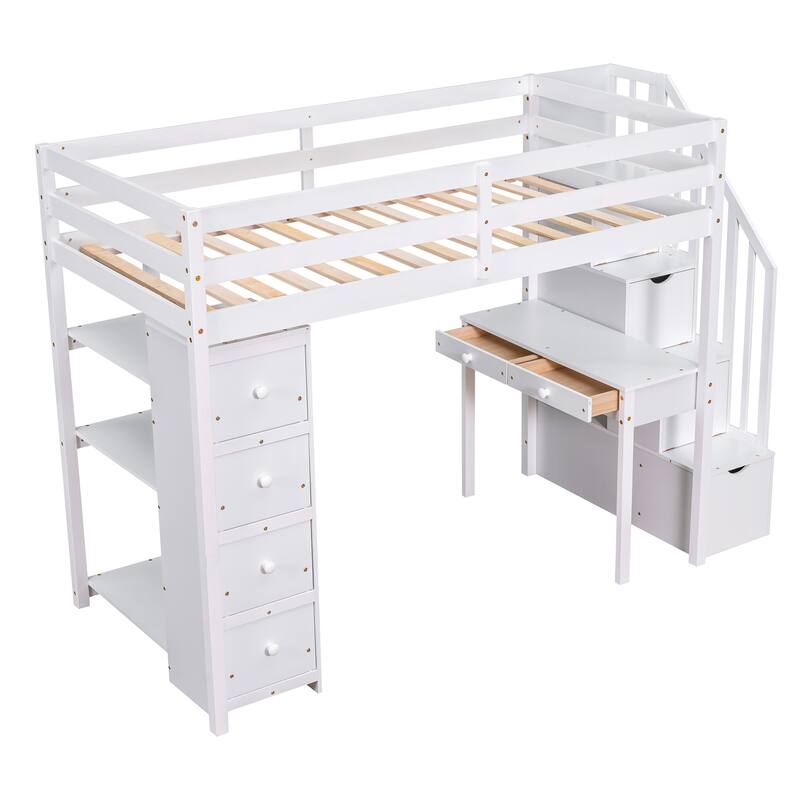 Wood Twin Size Loft Bed with Desk, Storage Stairs, Drawers and Shelves, Solid Wood Twin Bedframe Multi-Functional High Loftbed