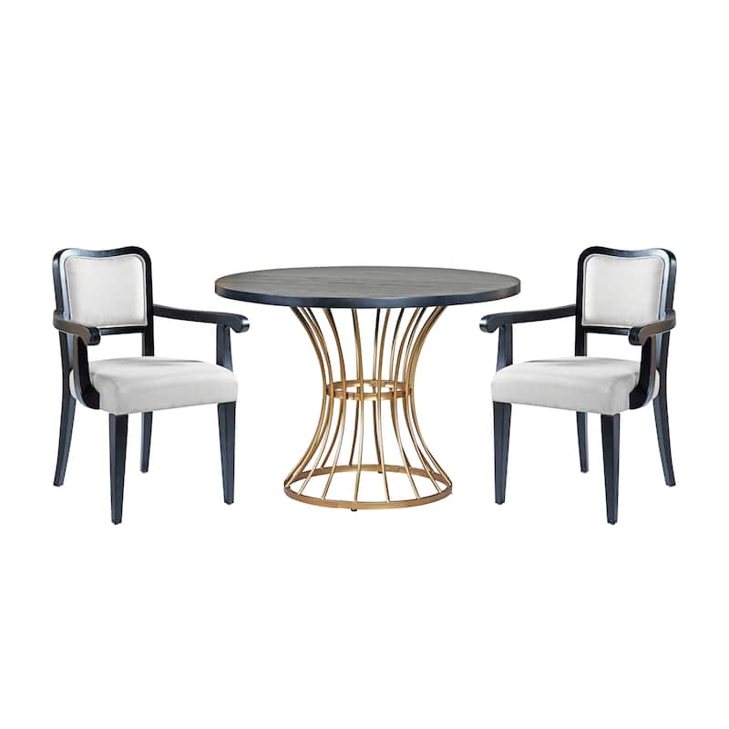 42" Round Dining Set -Solid Wood-Look Veneer Table +2 Upholstered Armchairs,Heavy-Duty Iron Pedestal Base,Space-Saving,3-Piece